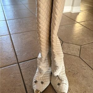 John Richmond Women's White and Silver Quilted Over the Knee Boots